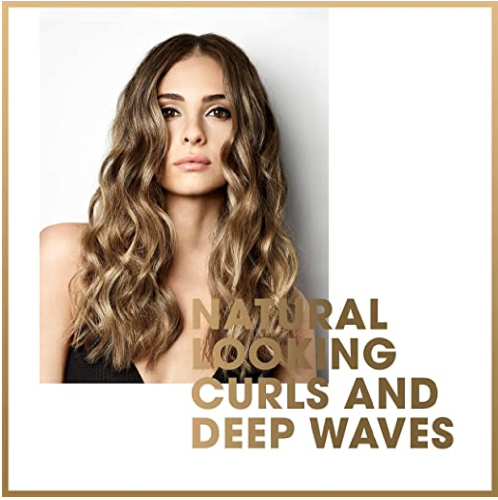 GHD Curve Wand for hair with an image of what the result looks like on a woman with long hair